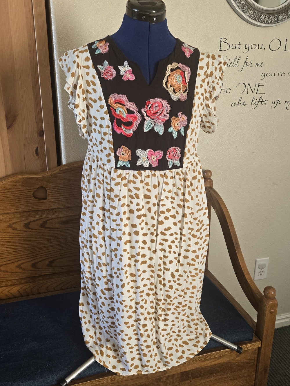 Anthropologie Womens Small Dress boho embroidered animal print Leopard Flowers